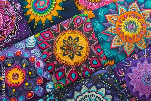 A close-up view showcasing the intricate patterns and vibrant colors of a patchwork quilt, Bold and intricate mandala patterns in vibrant hues, AI Generated