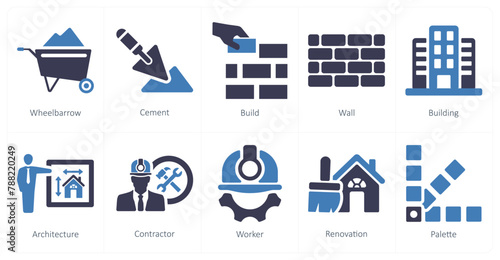 A set of 10 build icons as wheel barrow, cement, build photo
