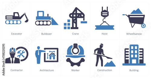 A set of 10 build icons as excavator, bulldozer, crane