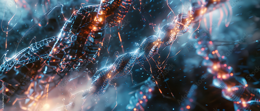 DNA helix strand merging with technological tendrils, bio-tech medical concept DNA helix strand merging with technological tendrils, bio-tech medical concept