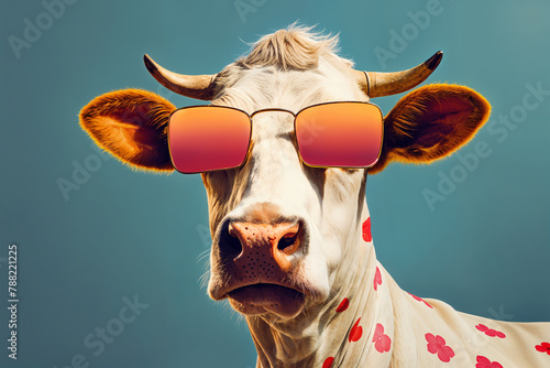 Attractive and confident bull with the trendiest cattle cool summer look, orange shaded sunglasses with pop-art like red flower painted spots bold masculine portrait. photo