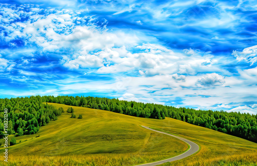 Hilly landscape with fields and blue sky. Upland view of sunny landscape with green field  winding road and blue sky with white summer clouds.