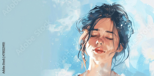 Women watercolor illustration, horizontal copy space on pastel blue background.Young woman Girl in abstract smoke and water drops Fashion spa salon advertising. Abstract fashion concept.