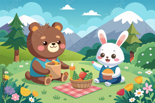 bear and a bunny are sharing a picnic on a hilltop  enjoying the scenic view and each other s company