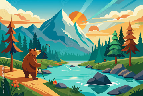Bear peacefully fishes in a serene mountain stream, surrounded by the calming sounds of nature.