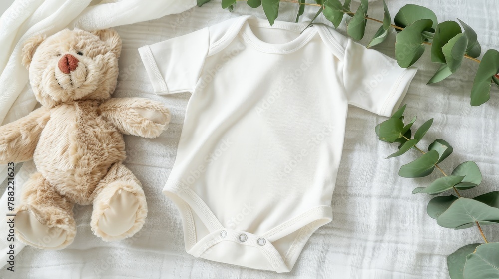 Fototapeta premium Baby bodysuit mockup with teddy bear, eucalyptus on ivory blanket infant onesie template