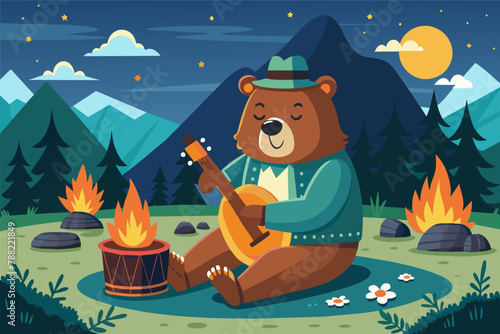 Bear joyfully plays a harmonica by the campfire, its music echoing under the starry night sky.