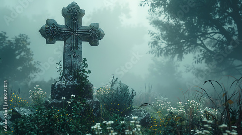 Stone cross shrouded in morning mist, evoking tranquility and mystery in a serene landscape