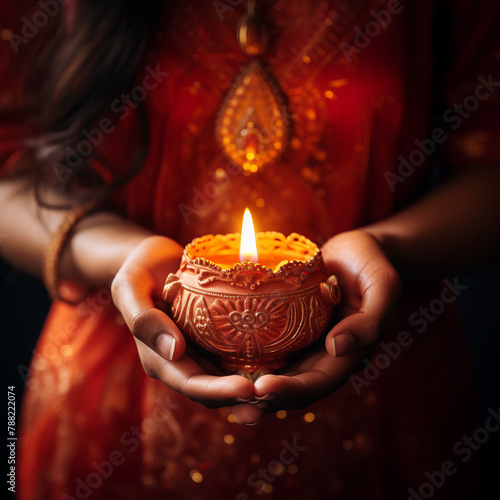 Diwali Clay Lamp in woman hand, Happy Diwali celebration.