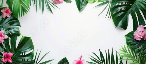 A unique design composed of vibrant tropical foliage set against a white backdrop. Simple and stylish summer theme with room for text. Border design featuring exotic elements.