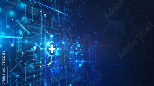 Healthcare database, hologram and data with technology, future and digital transformation on blue background. Lines, pattern and medical software with AI, health link and mockup space for metaverse