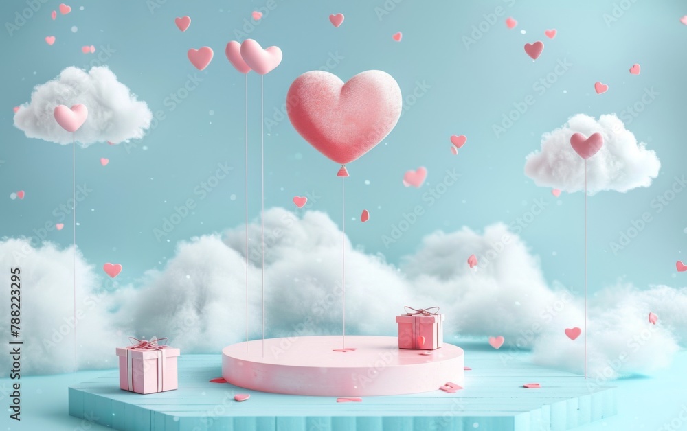 Gift box product standing on blue background, heart shape balloon with copy space, 3D rendering Gift box product standing on blue background, heart shape balloon with copy space, 3D rendering
