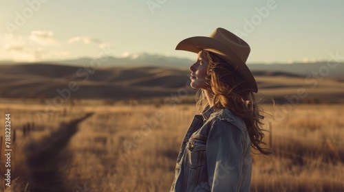 A serene portrait of a woman in a cowboy hat, gazing into a glowing sunset over the vast prairie, evokes the peace of rural life and the beauty of quiet moments.