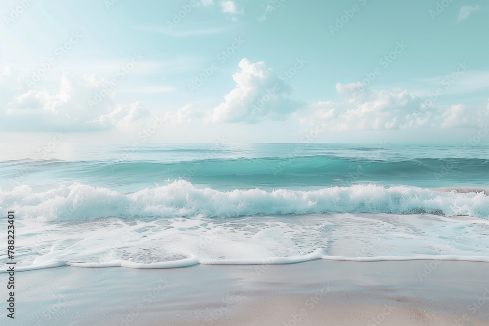 A calm pastel blue ocean scene with gentle waves breaking the chore. Blurry beach image with crashing waves, water, and cloudy sky. Beautiful colour of the sea water during a sunny day