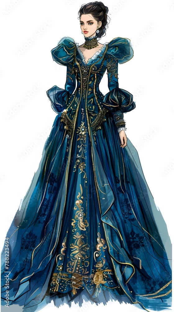 colorful illustration of a Beautiful blue Elegant Dress with Intricate Details