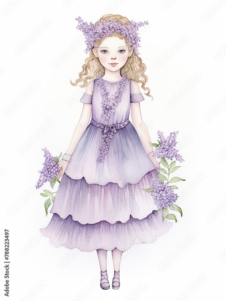 A watercolor illustration of a figure wearing a soft lavender dress, with a crown of lilacs A watercolor illustration of a figure wearing a soft lavender dress, with a crown of lilacs