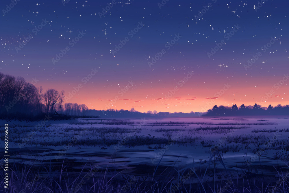A soft pastel lavender sky at twilight with stars beginning to shine. Sunset painting, lake with trees, atmospheric sky, afterglow, natural landscape. Background of a winter landscape in the night.