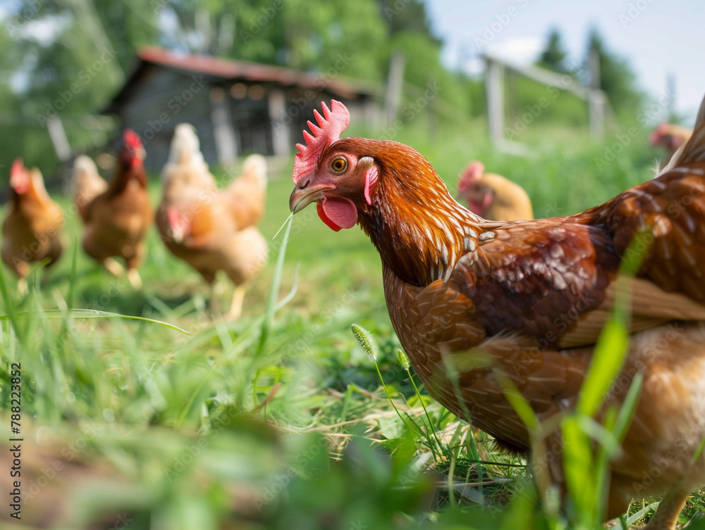 Fototapeta premium A brown hen with a red comb is eating grass in a pasture with other chickens in the background.
