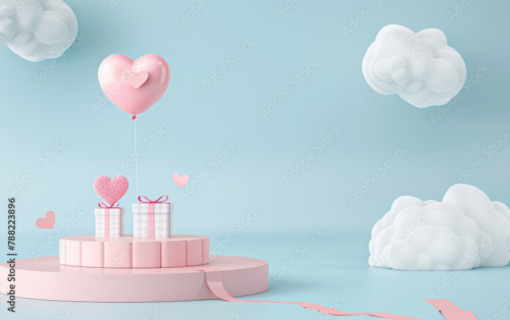 Gift box product standing on blue background, heart shape balloon with copy space, 3D rendering Gift box product standing on blue background, heart shape balloon with copy space, 3D rendering