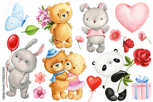 Bunny, Teddy bear, panda with rose and butterfly, Hand painted watercolor illustration isolated background. Cute animal