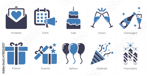 A set of 10 celebrate icons as invitation, event, cake
