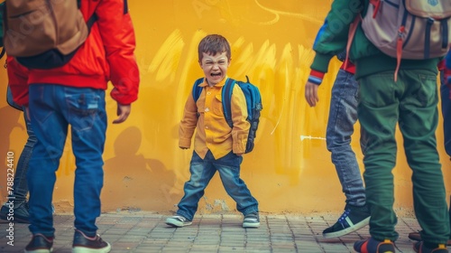 Little boy is surrounded by older students who are laughing and bullying him. The boy is crying, helpless and desperate