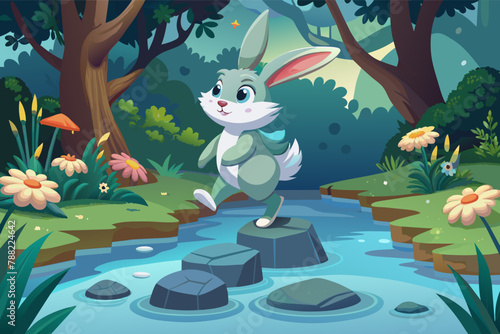 Bunny Hopping Across Stepping Stones in a Creek, Delightful Scene of Bunny Exploring the Creek