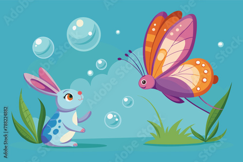 Butterfly Chasing Bubbles Blown by a Bunny  Playful Scene of Nature s Delight