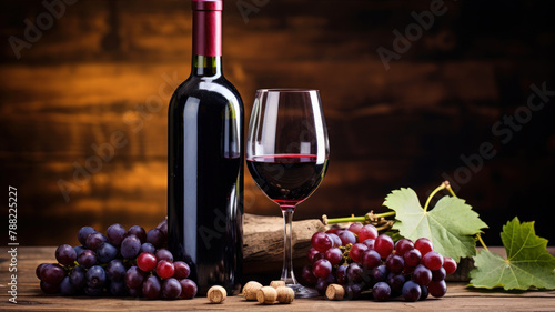 Wine bottle and glass of red wine with grapes on wooden background