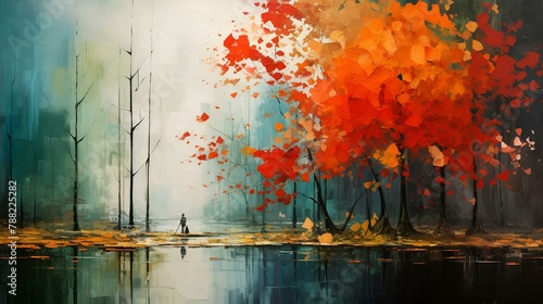 Painting of a Person Walking Along a Path Surrounded by Orange Trees