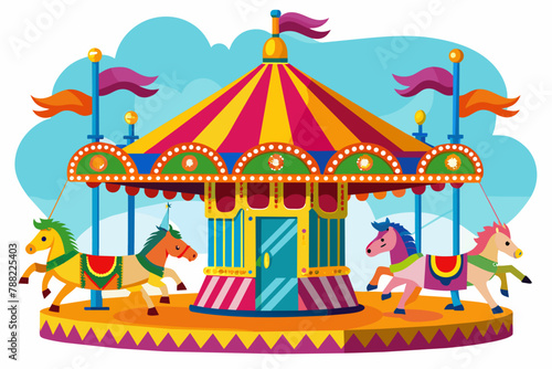 illustration of an antique carousel with intricately hand-carved, brightly colored horses in mid-gallop, surrounded by swirling patterns and stylized floral motifs, vibrant jewel tones
