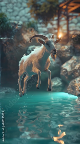 white goat jumping into swimming pool 