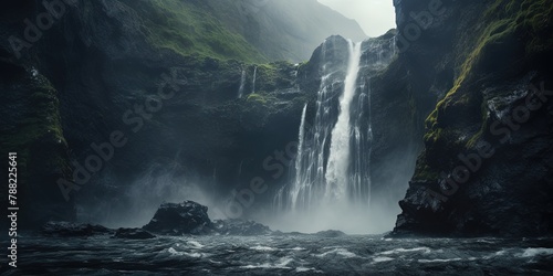 Abyss with a cascading waterfall, captured with stunning realism, the water plummeting into the depths photo