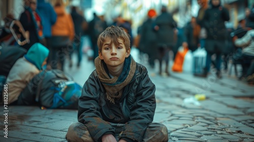 dirty little orphan boy is feeling lonely on the streets photo