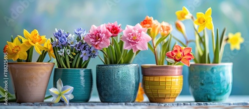 Spring flowers in bright ceramic pots