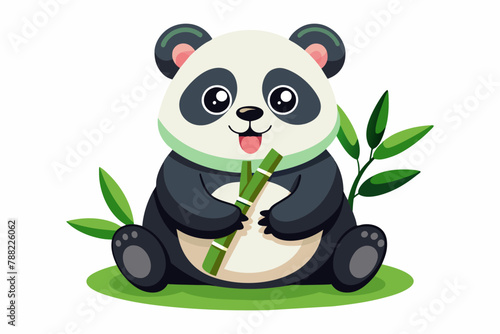 Cheerful baby panda with a smiling face with bamboo