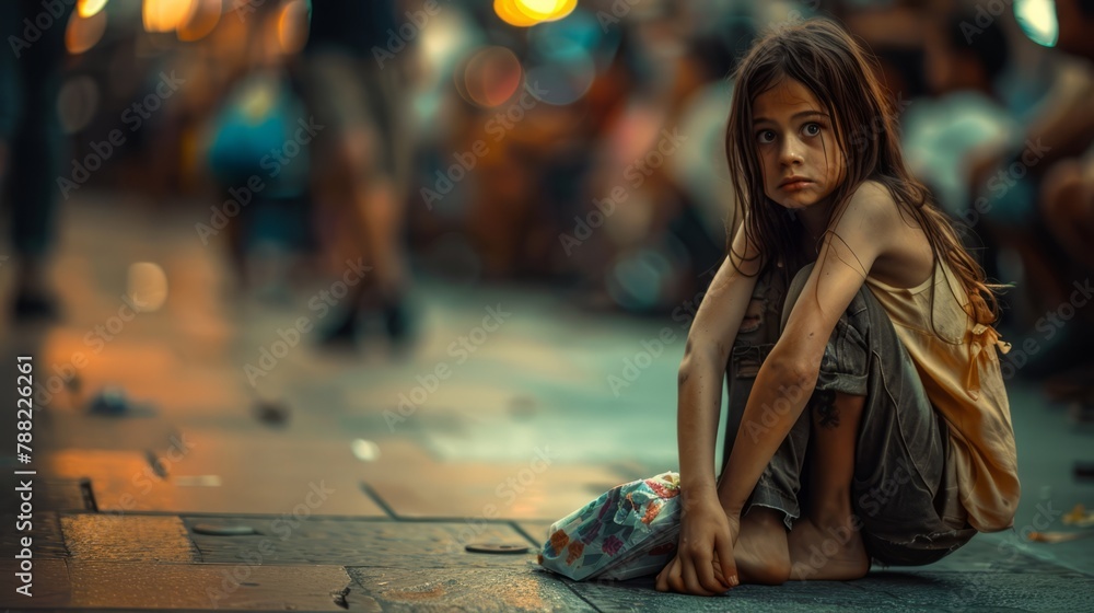 An orphan girl is sitting on the ground feeling lonely and helpless. Childhood loneliness. An orphan girl is sitting on the ground feeling lonely and helpless. Childhood loneliness.