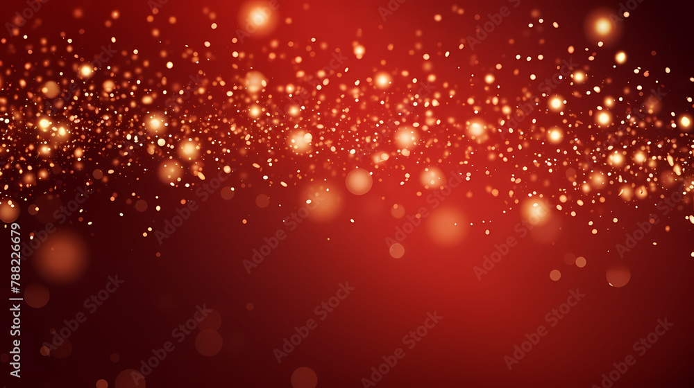 Red background with golden sparkling particles and bokeh lights Red background with golden sparkling particles and bokeh lights