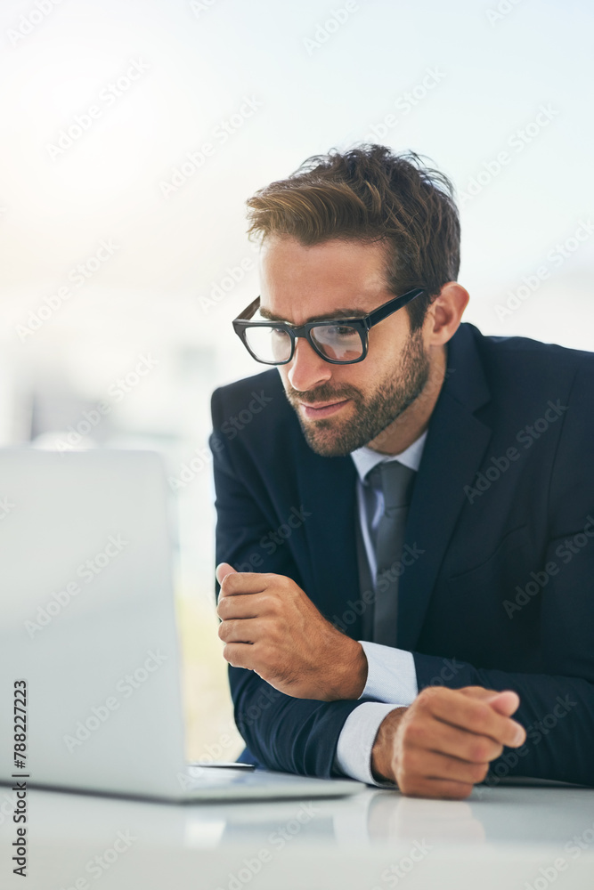 Business, man and laptop in office with online research for career growth and opportunity at law firm. Startup, lawyer and satisfied with company progress as entrepreneur for legal advice and info Business, man and laptop in office with online research for career growth and opportunity at law firm. Startup, lawyer and satisfied with company progress as entrepreneur for legal advice and info