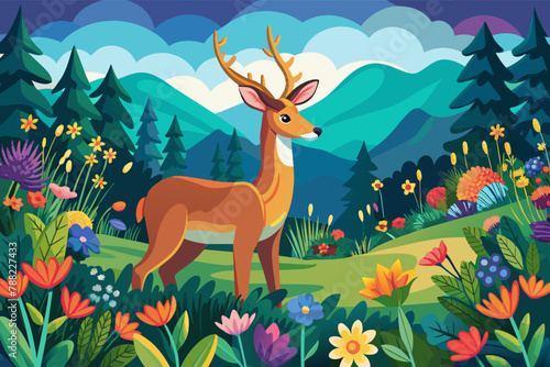 A deer pausing to admire a field of colorful wildflowers illustration