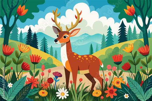 A deer pausing to admire a field of colorful wildflowers illustration