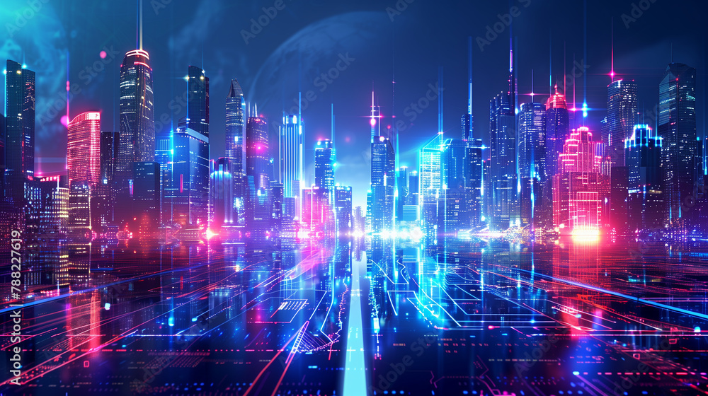 A cityscape with neon lights and a reflection of the city in the water. Scene is futuristic and vibrant A cityscape with neon lights and a reflection of the city in the water. Scene is futuristic and vibrant