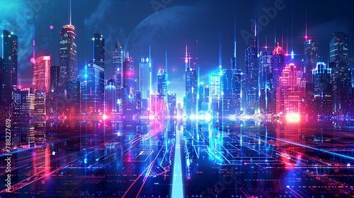 A cityscape with neon lights and a reflection of the city in the water. Scene is futuristic and vibrant