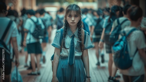 A Girl Looking at Camera feeling lonely between crowds of people. Young Sad Thinking Curiosity Child Looking at Camera Closeup Outdoors. Face Eyes Serious Contemplative Child.