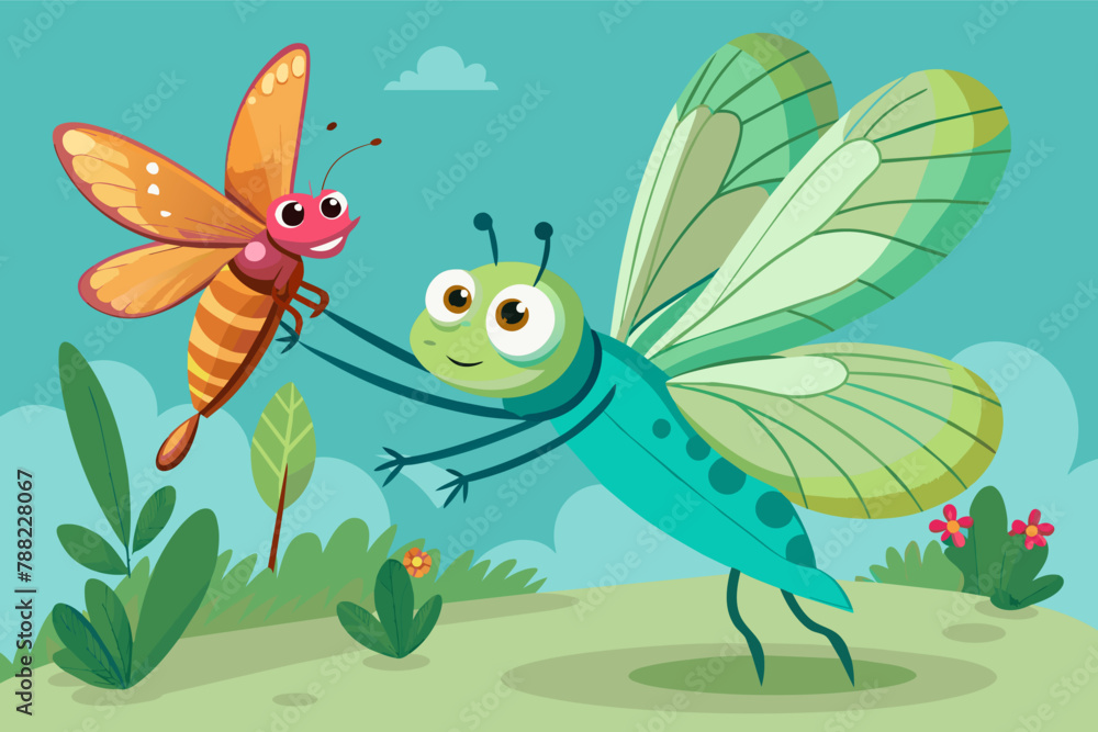 dragonfly giving ride butterfly illustration dragonfly giving ride butterfly illustration