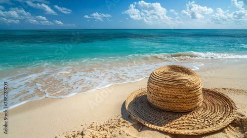 A straw hat on the beach next to a blue ocean  AI