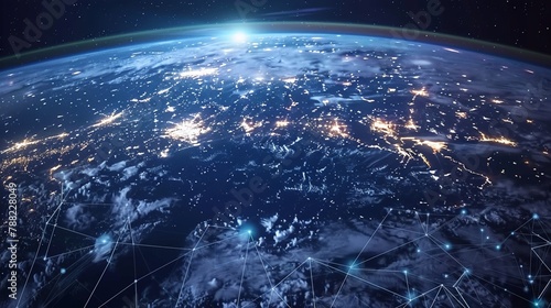 Satellite view of Earth with digital beams connecting major cities, symbolizing instant global communication
