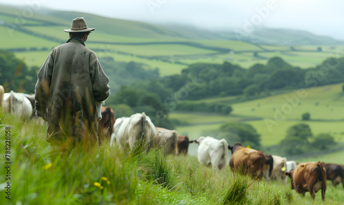 Portrait of  Farmer in his field caring for his herd of cows
 photo