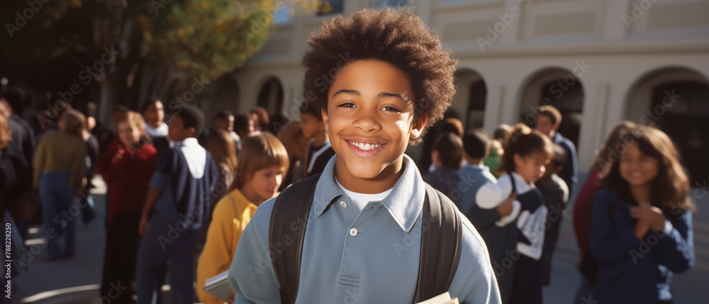  African American schoolboy with a joyful smile, clutching textbooks on his first day back at school, with other students and the school building in the background.