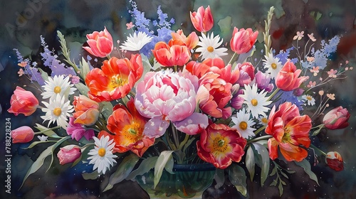 A vibrant bouquet of mixed flowers in watercolor, including tulips, peonies, and daisies, bursting with colors